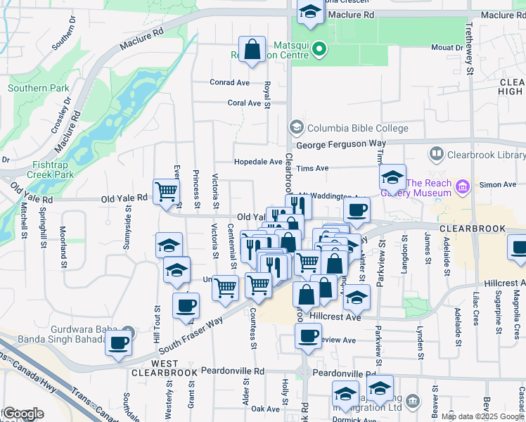 map of restaurants, bars, coffee shops, grocery stores, and more near 2730 Countess Street in Abbotsford