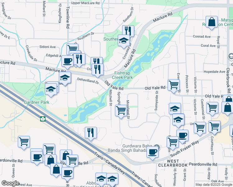 map of restaurants, bars, coffee shops, grocery stores, and more near 2755 Springhill Street in Abbotsford