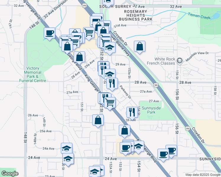 map of restaurants, bars, coffee shops, grocery stores, and more near 15268 28 Avenue in Surrey