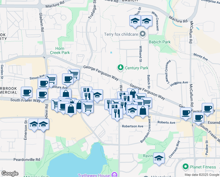 map of restaurants, bars, coffee shops, grocery stores, and more near 33154 Old Yale Road in Abbotsford
