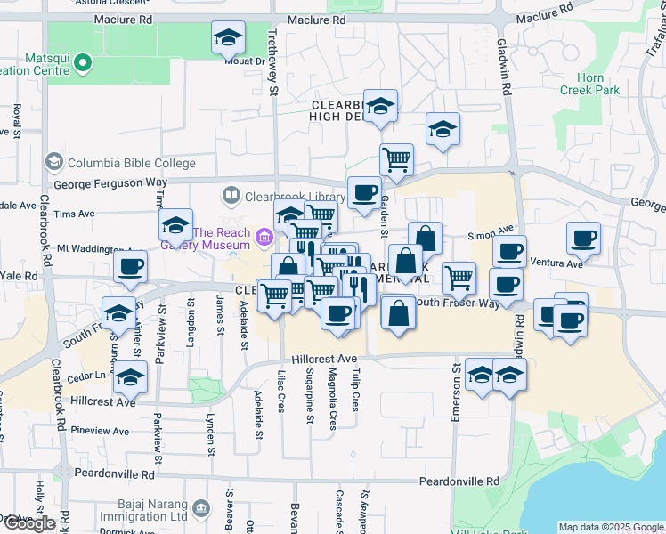 map of restaurants, bars, coffee shops, grocery stores, and more near 32497 South Fraser Way in Abbotsford