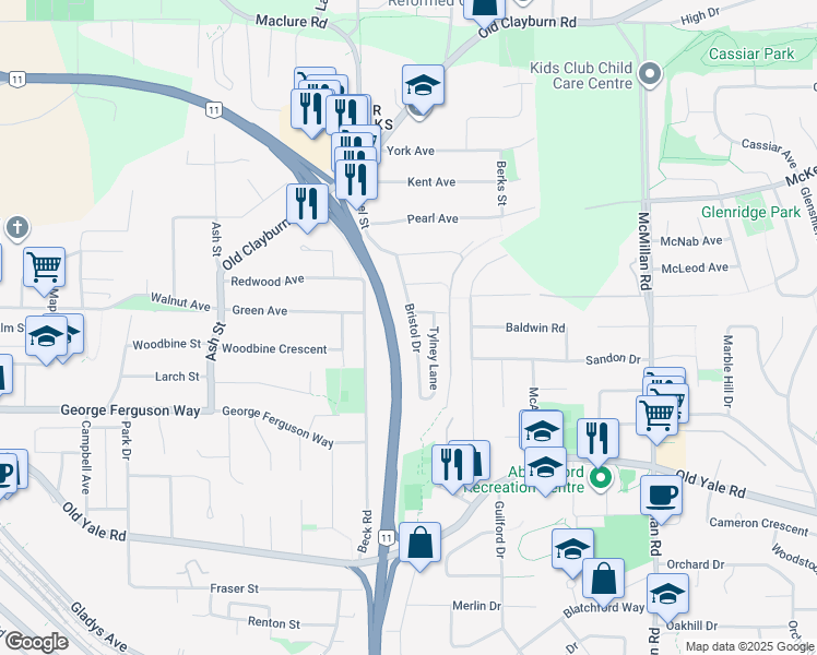map of restaurants, bars, coffee shops, grocery stores, and more near 2779 Bristol Drive in Abbotsford