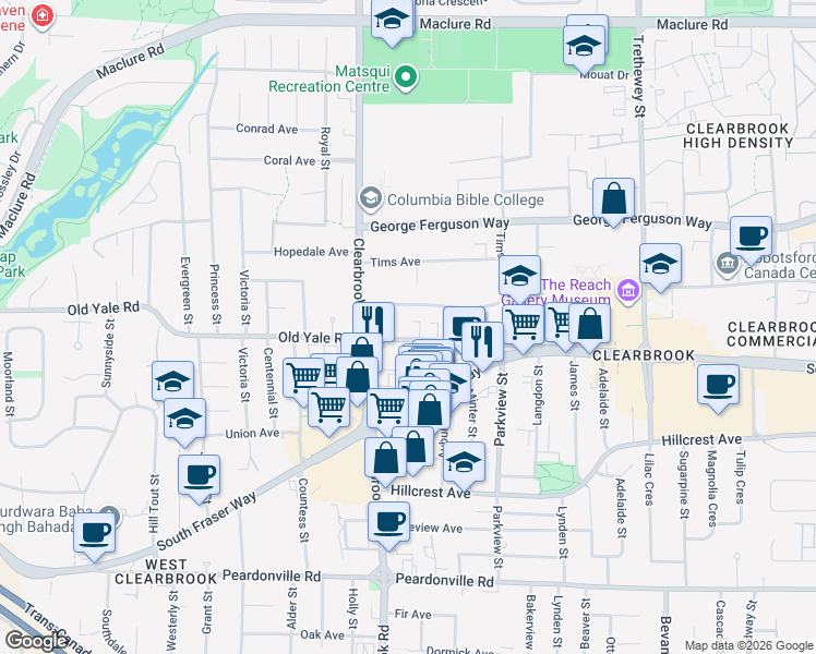 map of restaurants, bars, coffee shops, grocery stores, and more near in Abbotsford
