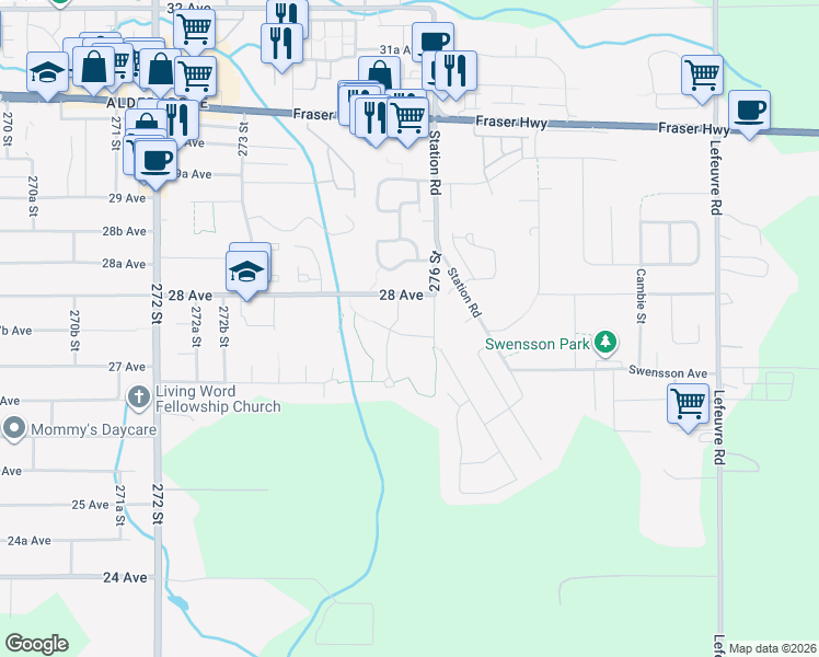 map of restaurants, bars, coffee shops, grocery stores, and more near 27563 27A Avenue in Langley Township
