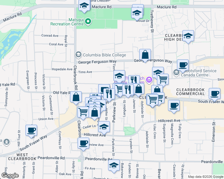 map of restaurants, bars, coffee shops, grocery stores, and more near in Abbotsford