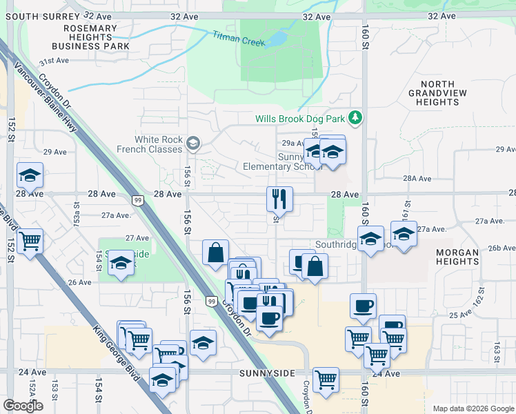 map of restaurants, bars, coffee shops, grocery stores, and more near 2729 158 Street in Surrey