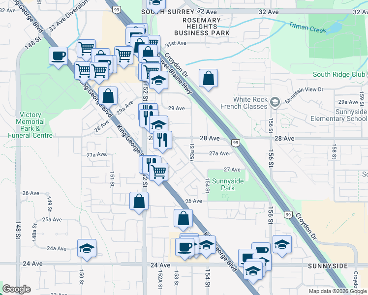 map of restaurants, bars, coffee shops, grocery stores, and more near 2764 Parkway Drive in Surrey