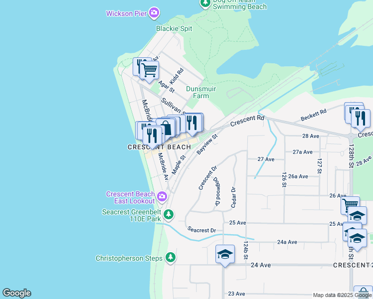 map of restaurants, bars, coffee shops, grocery stores, and more near 2725 Gordon Avenue in Surrey