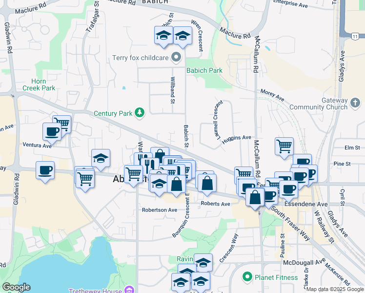 map of restaurants, bars, coffee shops, grocery stores, and more near 2817 Babich Street in Abbotsford