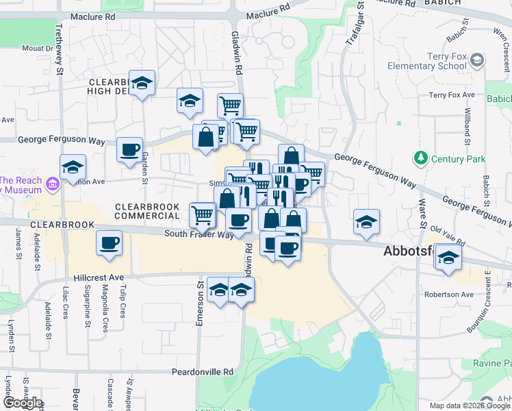map of restaurants, bars, coffee shops, grocery stores, and more near 2814 Gladwin Road in Abbotsford