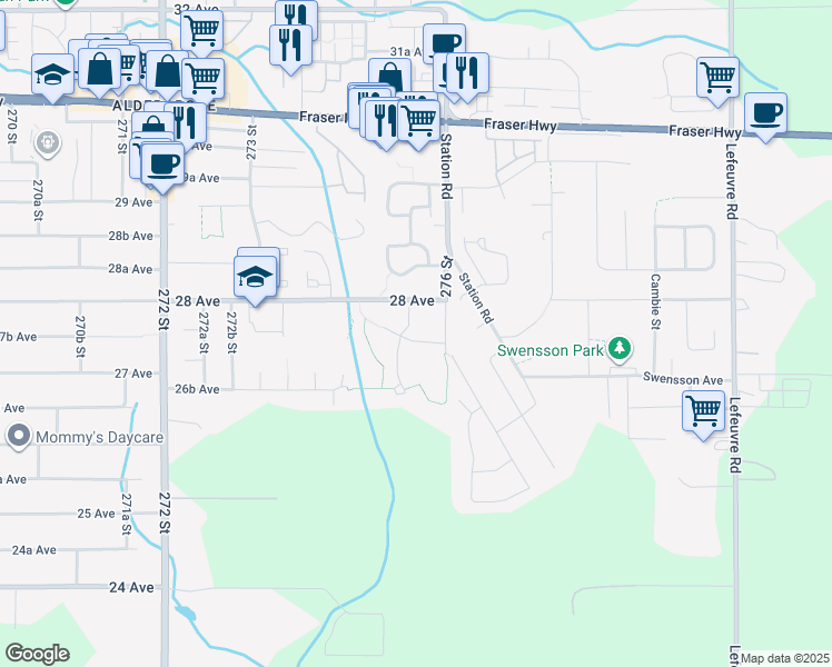 map of restaurants, bars, coffee shops, grocery stores, and more near 27557 27A Avenue in Langley Township
