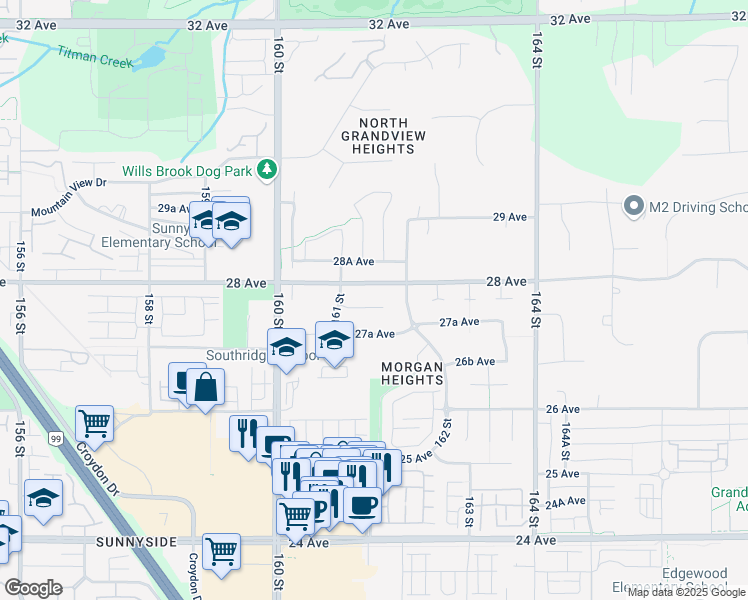 map of restaurants, bars, coffee shops, grocery stores, and more near 16147 27B Avenue in Surrey