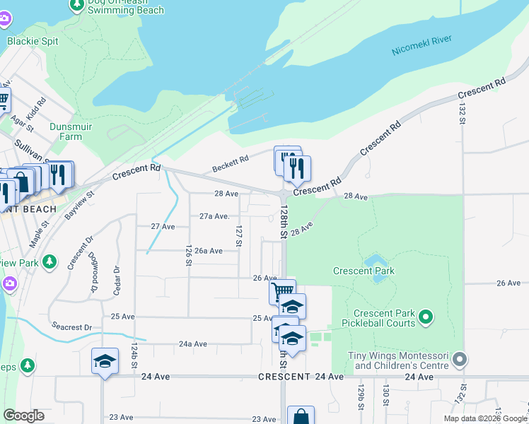 map of restaurants, bars, coffee shops, grocery stores, and more near 12751 27A Avenue in Surrey