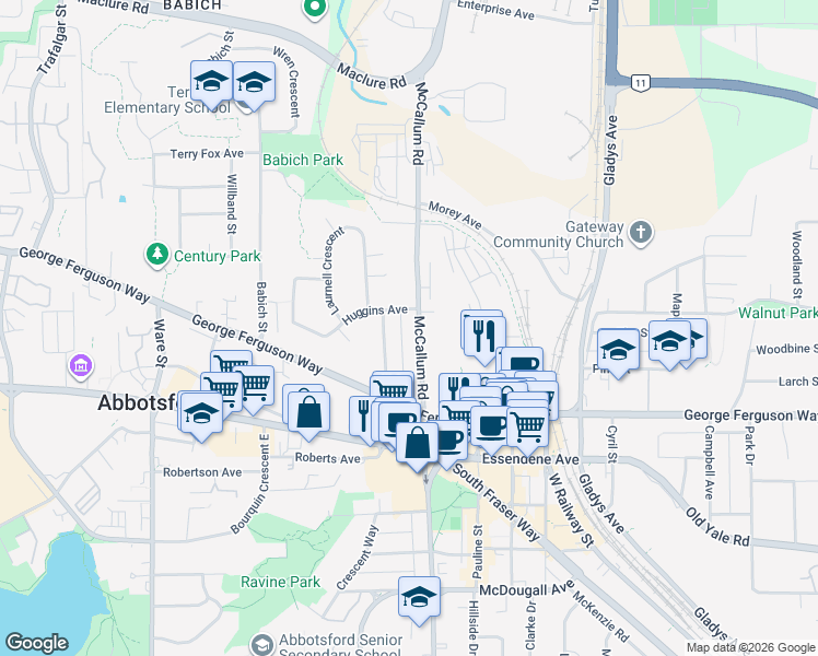 map of restaurants, bars, coffee shops, grocery stores, and more near 2775 McCallum Road in Abbotsford