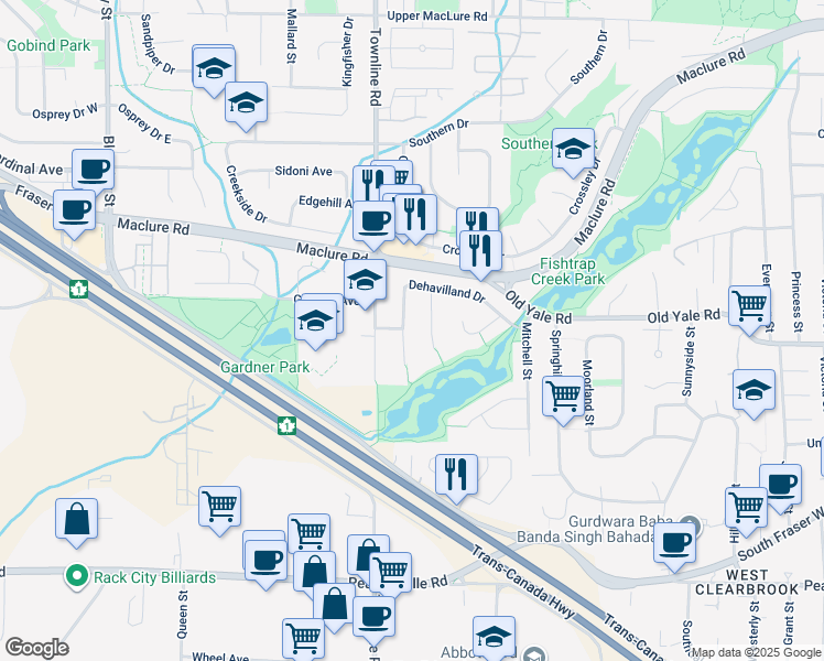 map of restaurants, bars, coffee shops, grocery stores, and more near 2754 Dehavilland Drive in Abbotsford