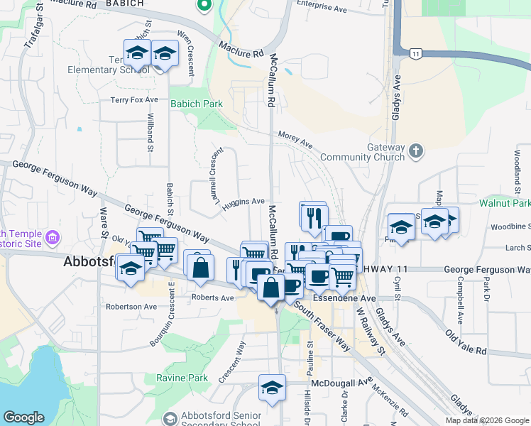 map of restaurants, bars, coffee shops, grocery stores, and more near 33561 Huggins Avenue in Abbotsford