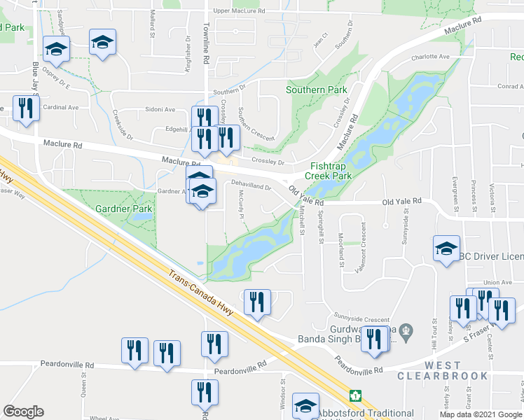 map of restaurants, bars, coffee shops, grocery stores, and more near 2749 Dehavilland Place in Abbotsford