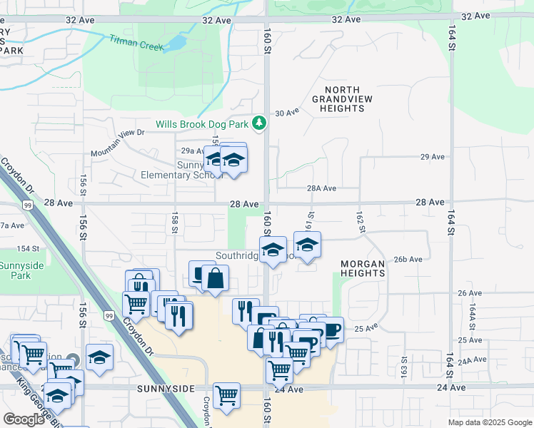 map of restaurants, bars, coffee shops, grocery stores, and more near 2780 160 Street in Surrey