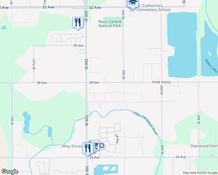 map of restaurants, bars, coffee shops, grocery stores, and more near 20126 28 Avenue in Langley Township