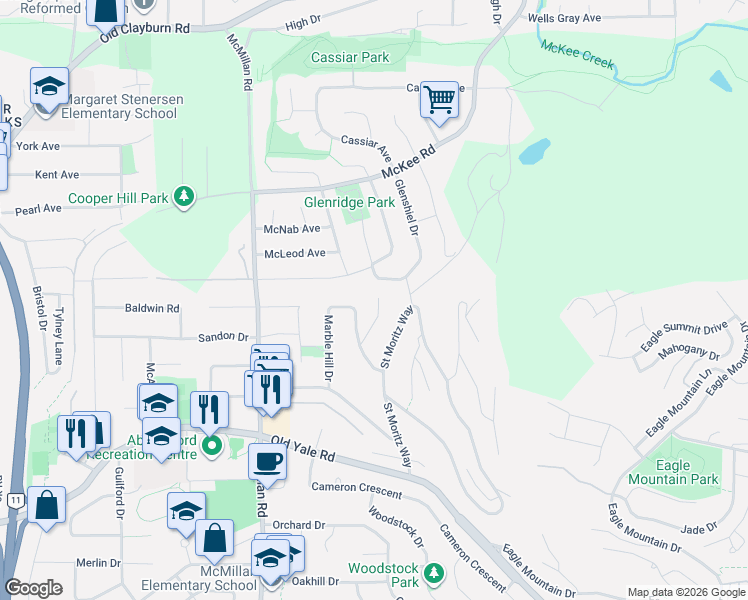 map of restaurants, bars, coffee shops, grocery stores, and more near 2803 Marble Hill Drive in Abbotsford
