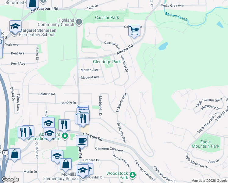 map of restaurants, bars, coffee shops, grocery stores, and more near 2803 Marble Hill Drive in Abbotsford