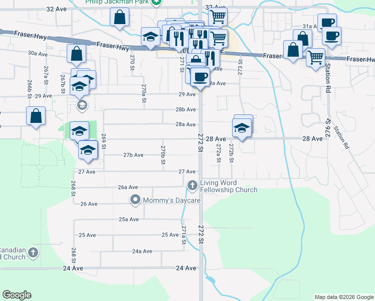 map of restaurants, bars, coffee shops, grocery stores, and more near 27153 27B Avenue in Langley Township