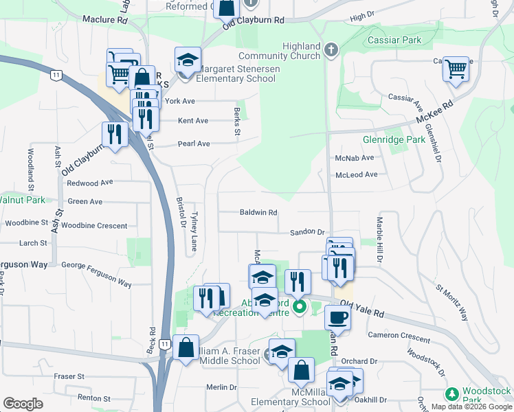 map of restaurants, bars, coffee shops, grocery stores, and more near 34631 Baldwin Road in Abbotsford