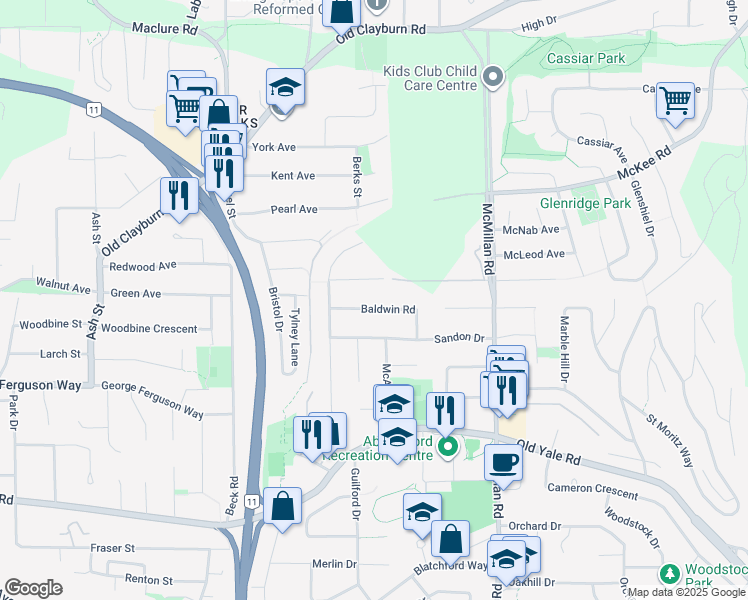 map of restaurants, bars, coffee shops, grocery stores, and more near 34615 Baldwin Road in Abbotsford