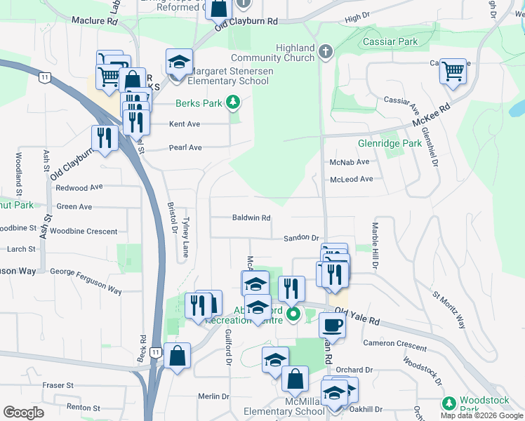 map of restaurants, bars, coffee shops, grocery stores, and more near in Abbotsford