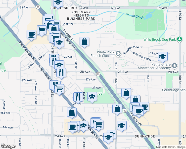map of restaurants, bars, coffee shops, grocery stores, and more near 2789 Cranley Drive in Surrey