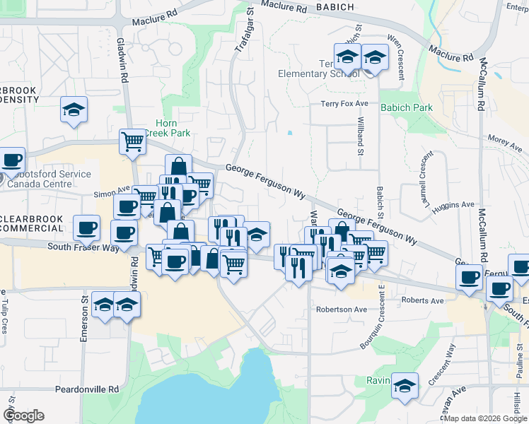 map of restaurants, bars, coffee shops, grocery stores, and more near 2806 Fairlane Street in Abbotsford