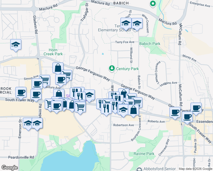 map of restaurants, bars, coffee shops, grocery stores, and more near 33173 Old Yale Road in Abbotsford