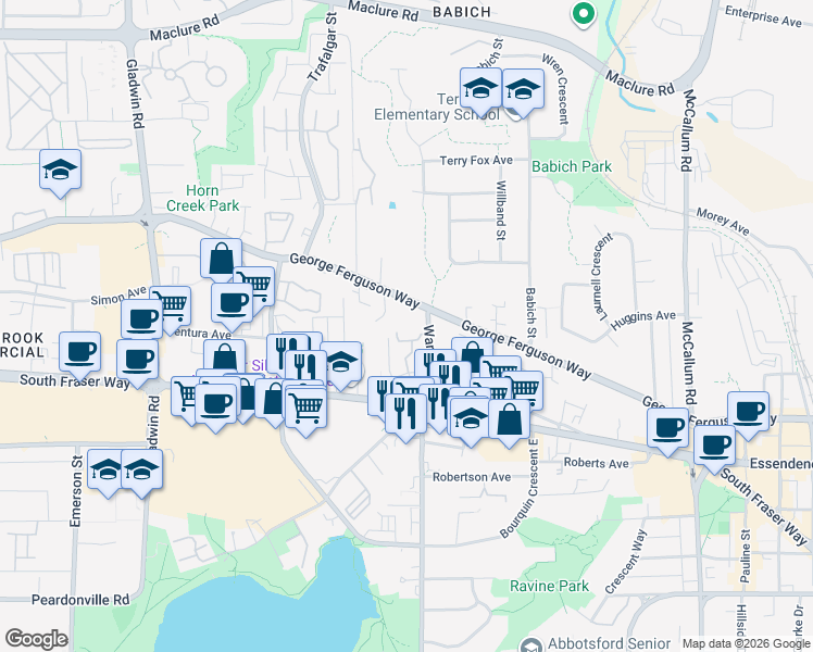 map of restaurants, bars, coffee shops, grocery stores, and more near 33184 George Ferguson Way in Abbotsford