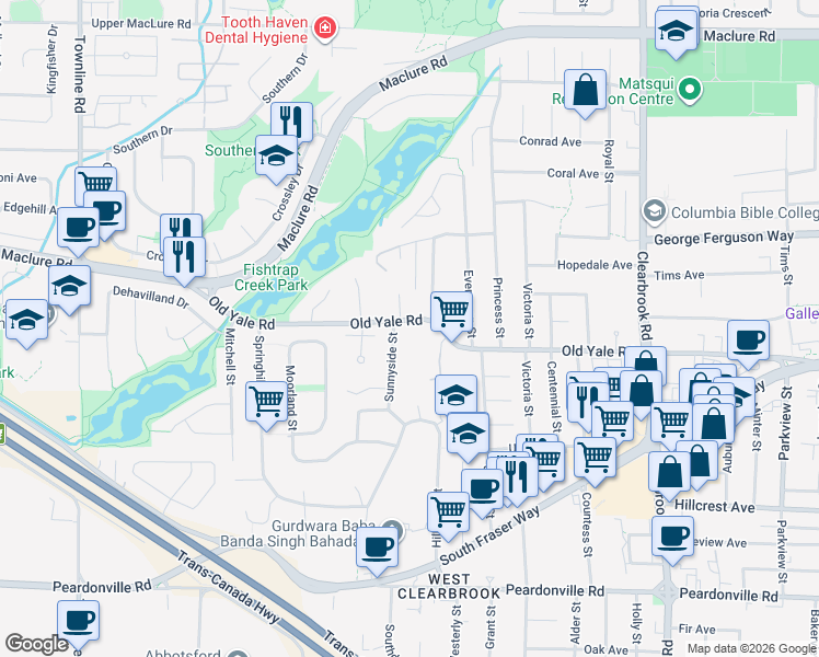 map of restaurants, bars, coffee shops, grocery stores, and more near 31642 Old Yale Road in Abbotsford