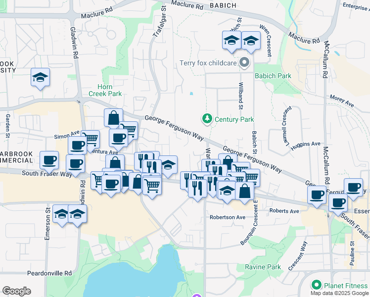 map of restaurants, bars, coffee shops, grocery stores, and more near 33136 George Ferguson Way in Abbotsford
