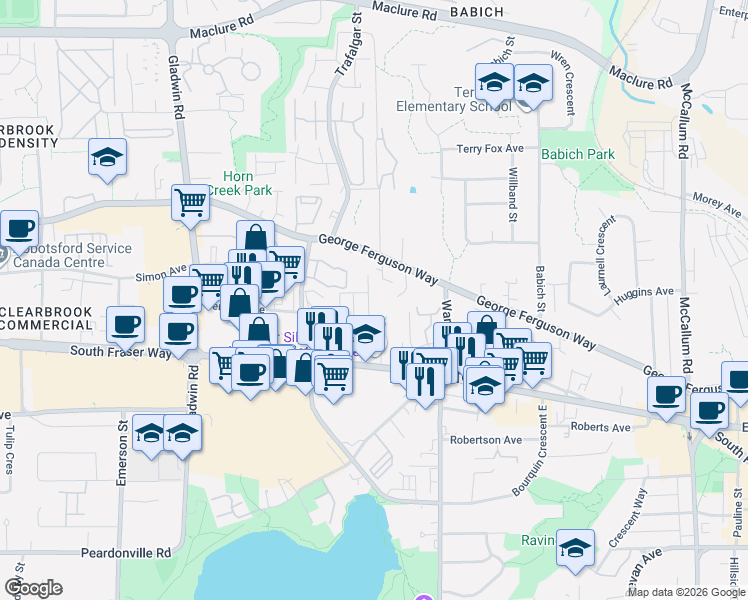 map of restaurants, bars, coffee shops, grocery stores, and more near 2786 Fairlane Street in Abbotsford