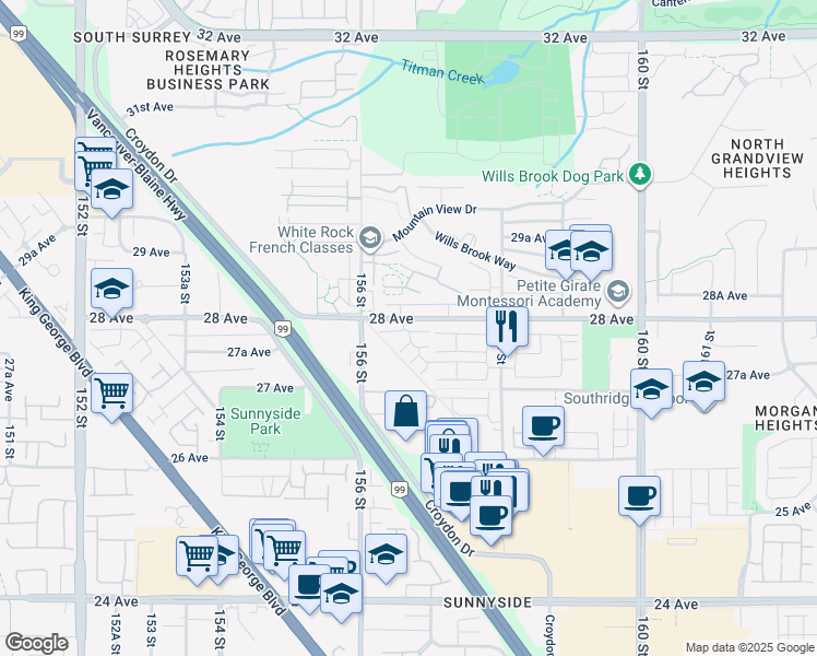 map of restaurants, bars, coffee shops, grocery stores, and more near 15688 28 Avenue in Surrey
