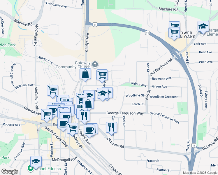 map of restaurants, bars, coffee shops, grocery stores, and more near 33986 Walnut Avenue in Abbotsford