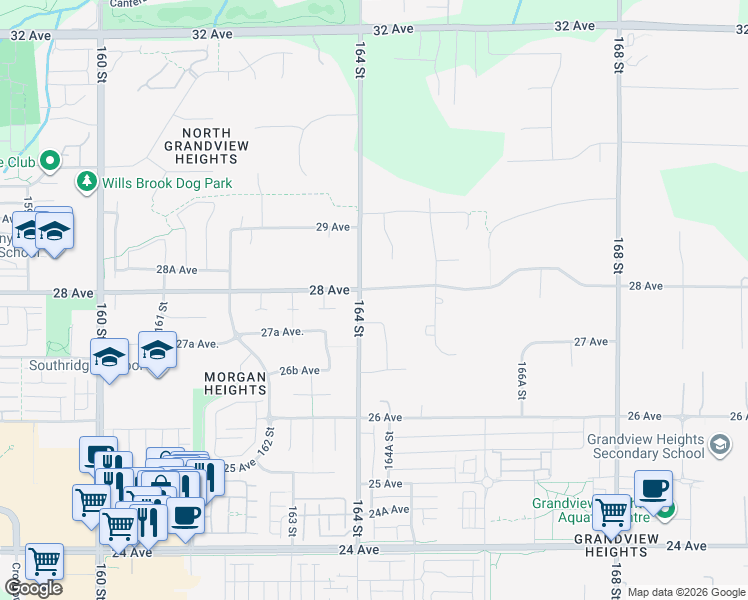 map of restaurants, bars, coffee shops, grocery stores, and more near 16428 28 Avenue in Surrey