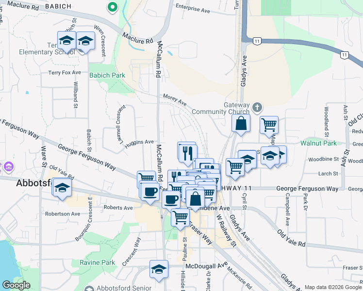 map of restaurants, bars, coffee shops, grocery stores, and more near 3376 McCallum Road in Abbotsford