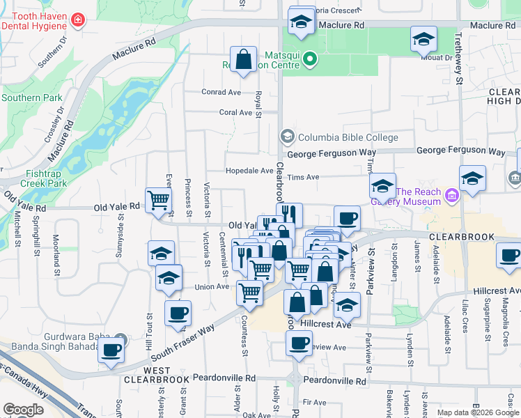 map of restaurants, bars, coffee shops, grocery stores, and more near 31955 Old Yale Road in Abbotsford