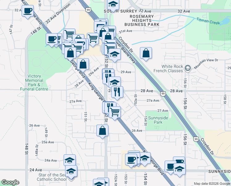 map of restaurants, bars, coffee shops, grocery stores, and more near 15268 28 Avenue in Surrey