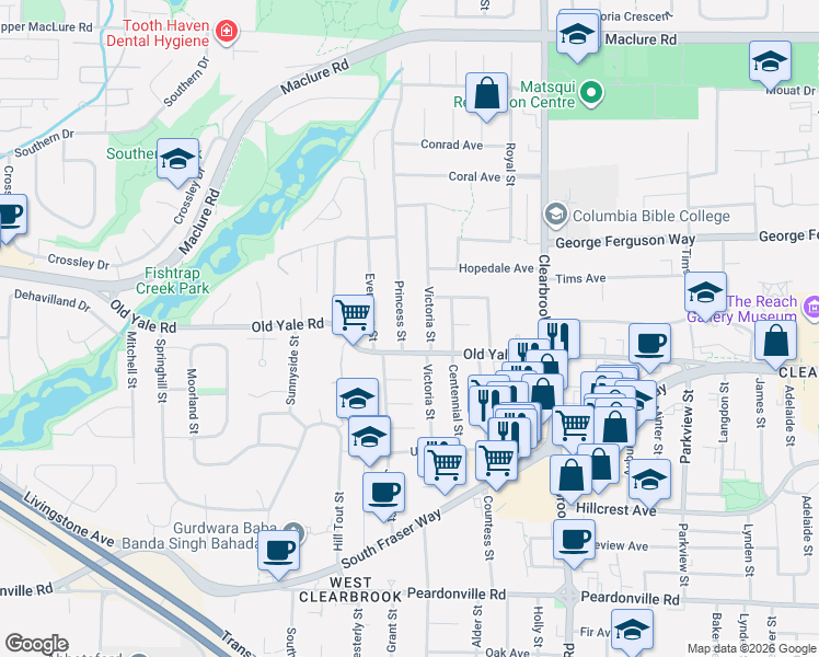 map of restaurants, bars, coffee shops, grocery stores, and more near 2778 Princess Street in Abbotsford