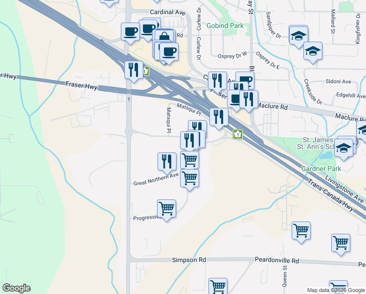 map of restaurants, bars, coffee shops, grocery stores, and more near 2771 Progressive Way in Abbotsford