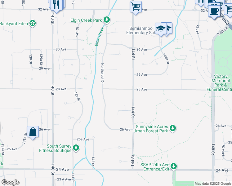map of restaurants, bars, coffee shops, grocery stores, and more near 14326 28 Avenue in Surrey