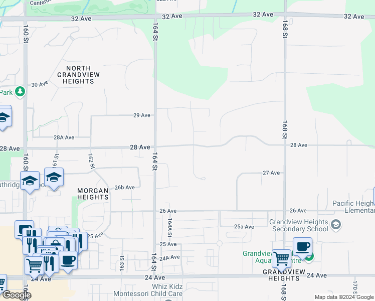 map of restaurants, bars, coffee shops, grocery stores, and more near 16490 28 Avenue in Surrey