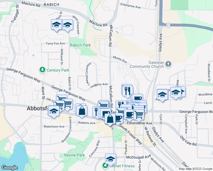 map of restaurants, bars, coffee shops, grocery stores, and more near 33586 Huggins Avenue in Abbotsford
