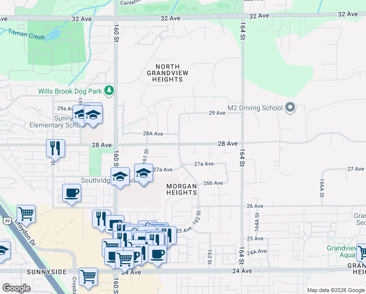 map of restaurants, bars, coffee shops, grocery stores, and more near 2798 162 Street in Surrey