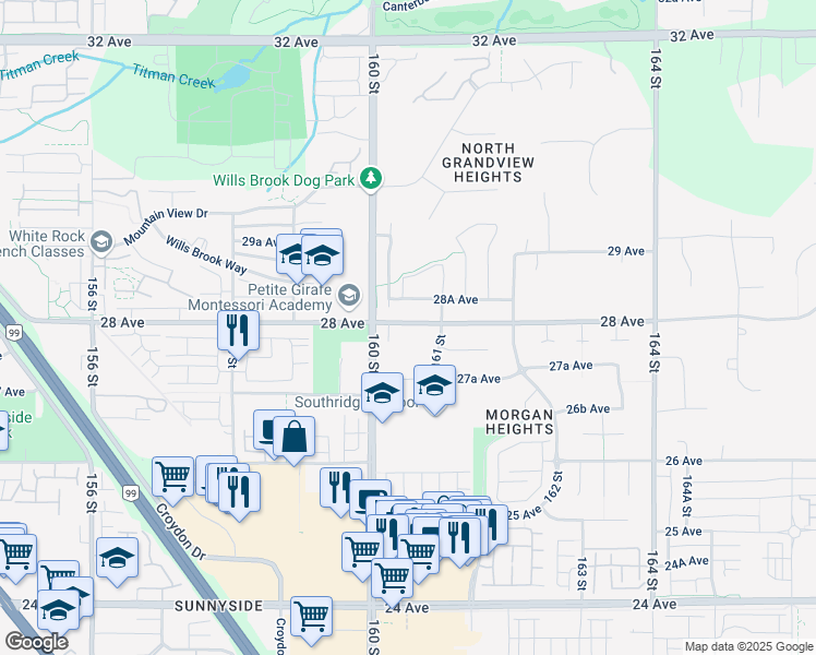 map of restaurants, bars, coffee shops, grocery stores, and more near in Surrey