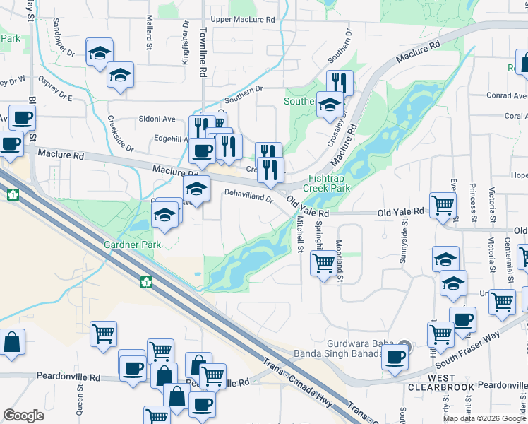 map of restaurants, bars, coffee shops, grocery stores, and more near 2774 Dehavilland Place in Abbotsford